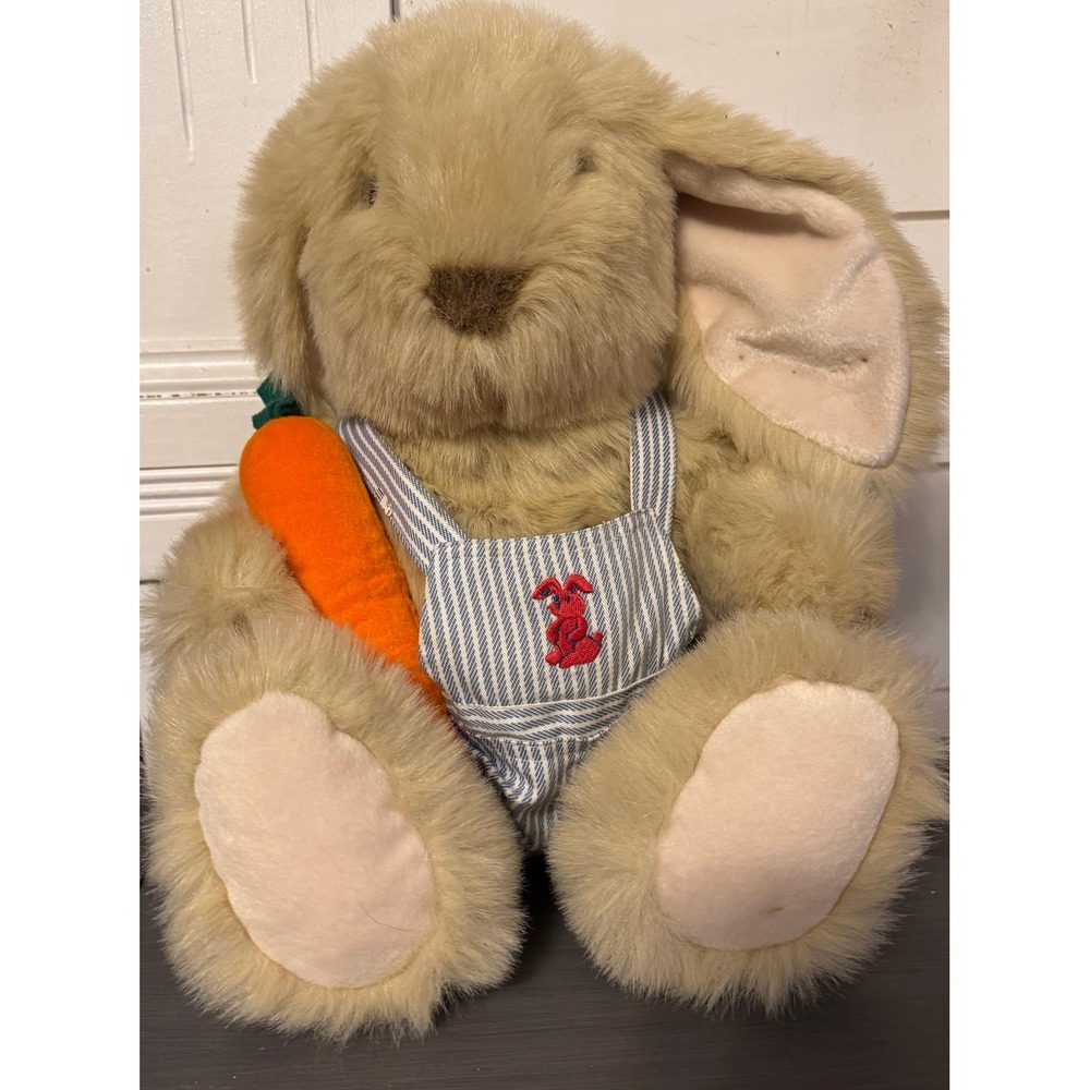 Vintage‎ Commonwealth Tan Bunny Rabbit Plush Holding Carrot Striped Overalls 90s